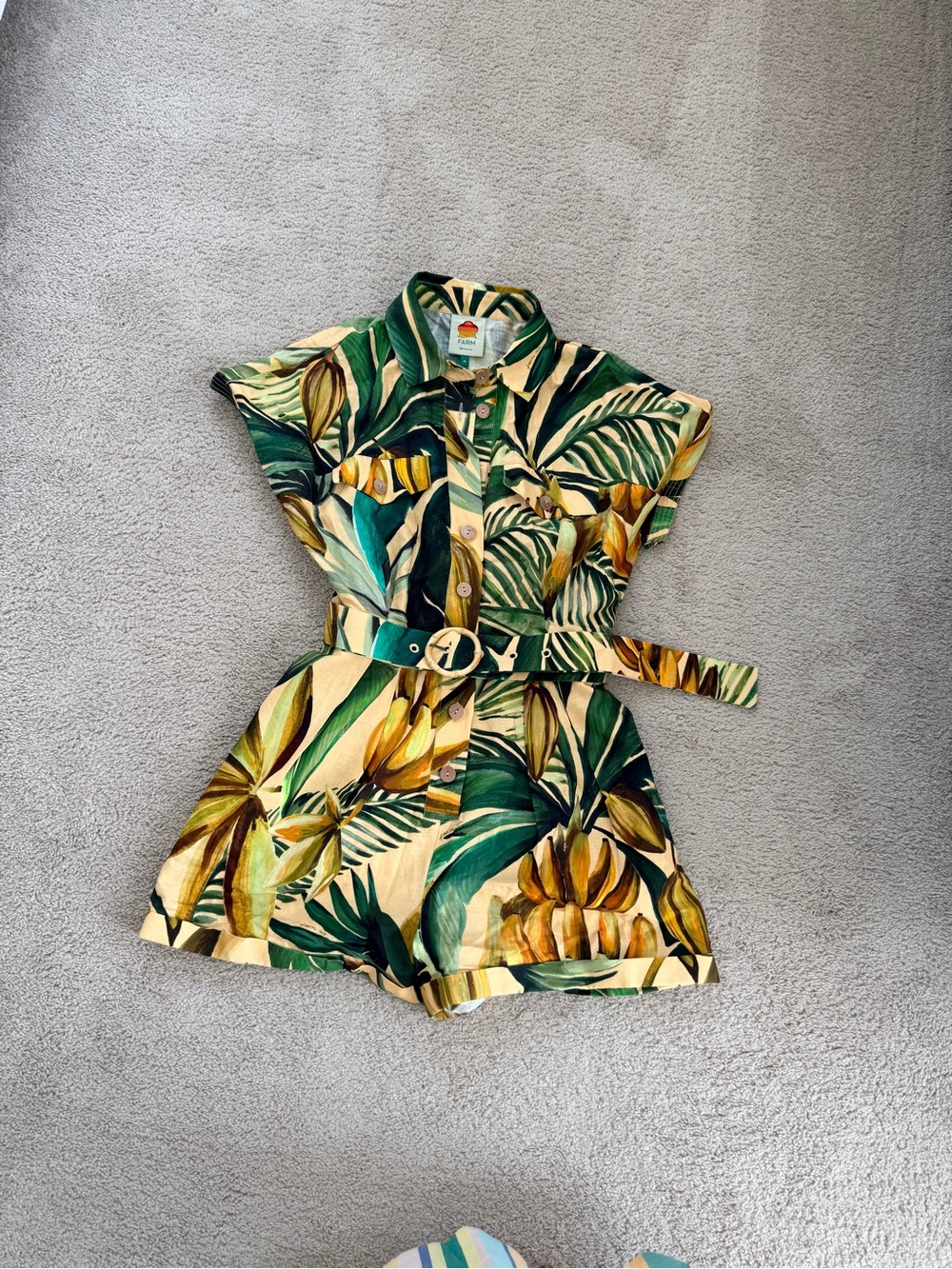 NWT FARM Rio Tropical Leaf Print Belted Jumpsuit — Green & Cream - Picture 3 of 16